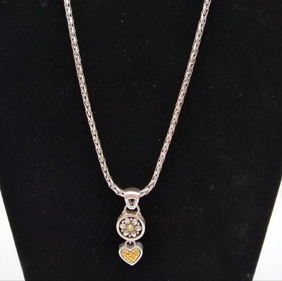 Brighton Chain Necklace w/Flower & Heart Pendant Silver/Gold Plated 14" - Picture 2 of 5